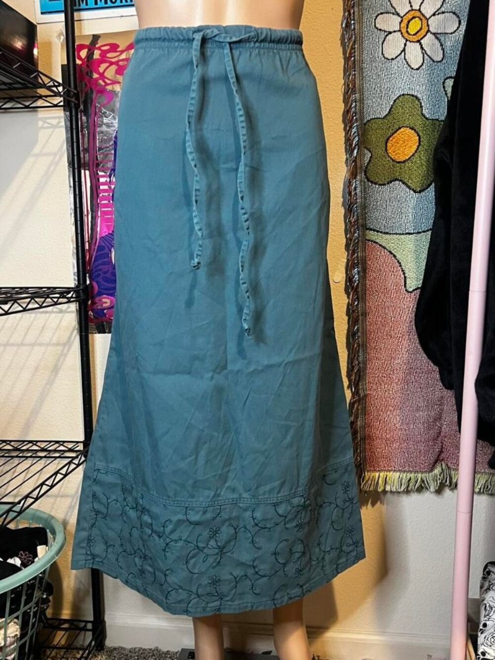 Vintage Blue Floral Embroidered Maxi Skirt